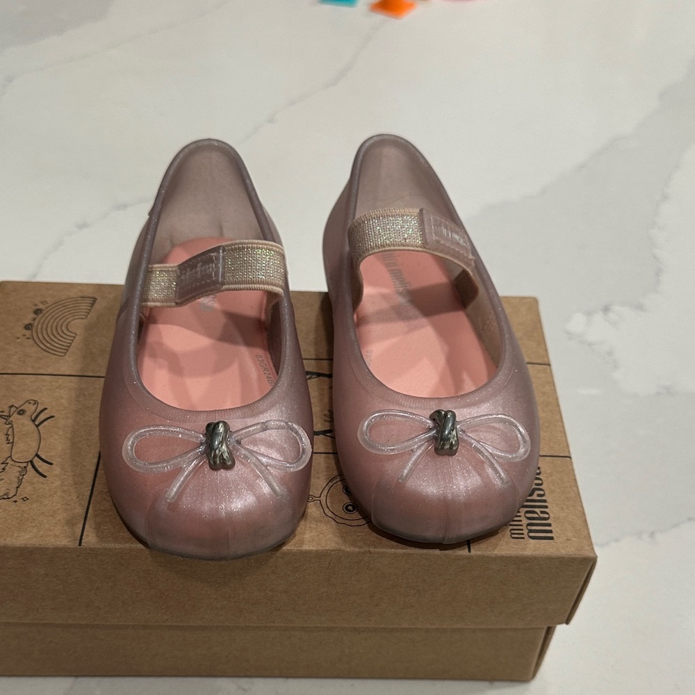 Mini Melissa Shimmer Pink Dress Shoes with Bow